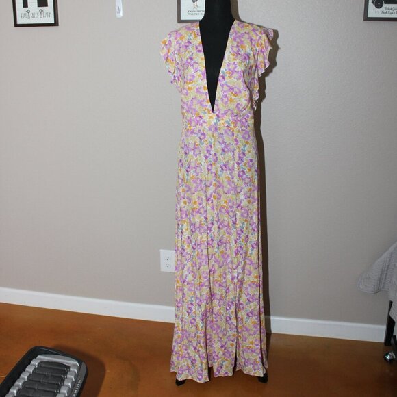 Showpo Womens Dyliah Frill Plunge Maxi Dress Floral Thigh High Split Size 14 NWT - Picture 1 of 11